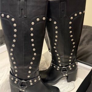 Nine West Black Leather Studded Knee-High Heeled Boots